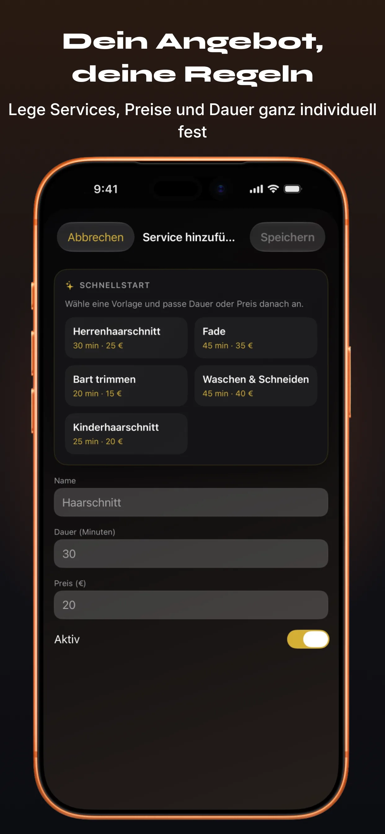 Barber-App Screenshot 5 – Services, Preise und Dauer festlegen